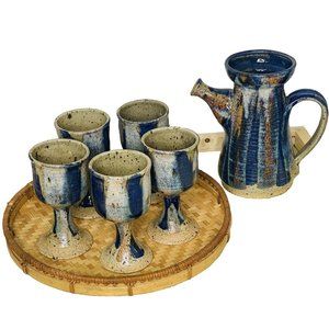 Vtg Tollefson Wheel Thrown Pottery Stoneware Signed 70’s Pitcher & 5 Goblets SET